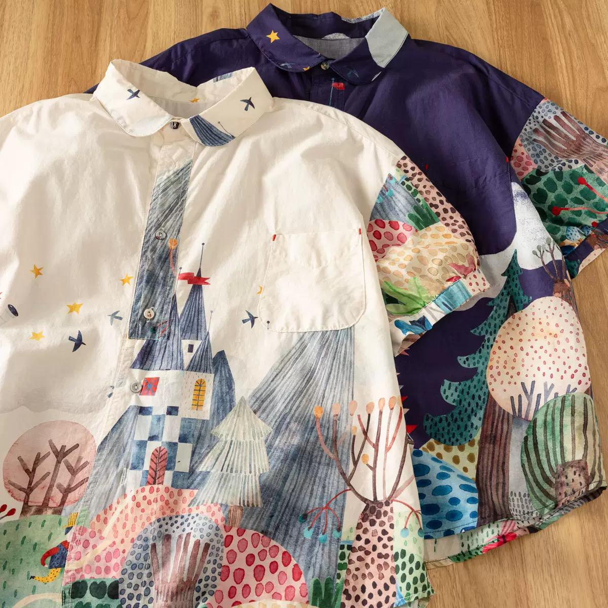 100% Cotton Lightweight Art Print Short Sleeve Shirt, Whimsical Playful Pattern Shirt, Summer Blouse, Relaxed Fit Oversized Cotton Shirt