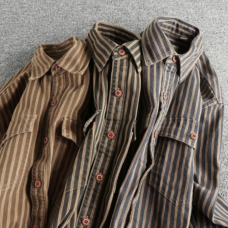 4 Colors Railway Stripe Workwear Shirt, Organic Cotton, Vintage-inspired Shirt Jacket, 100% Cotton Utility Shirt, Retro Workwear Overshirt