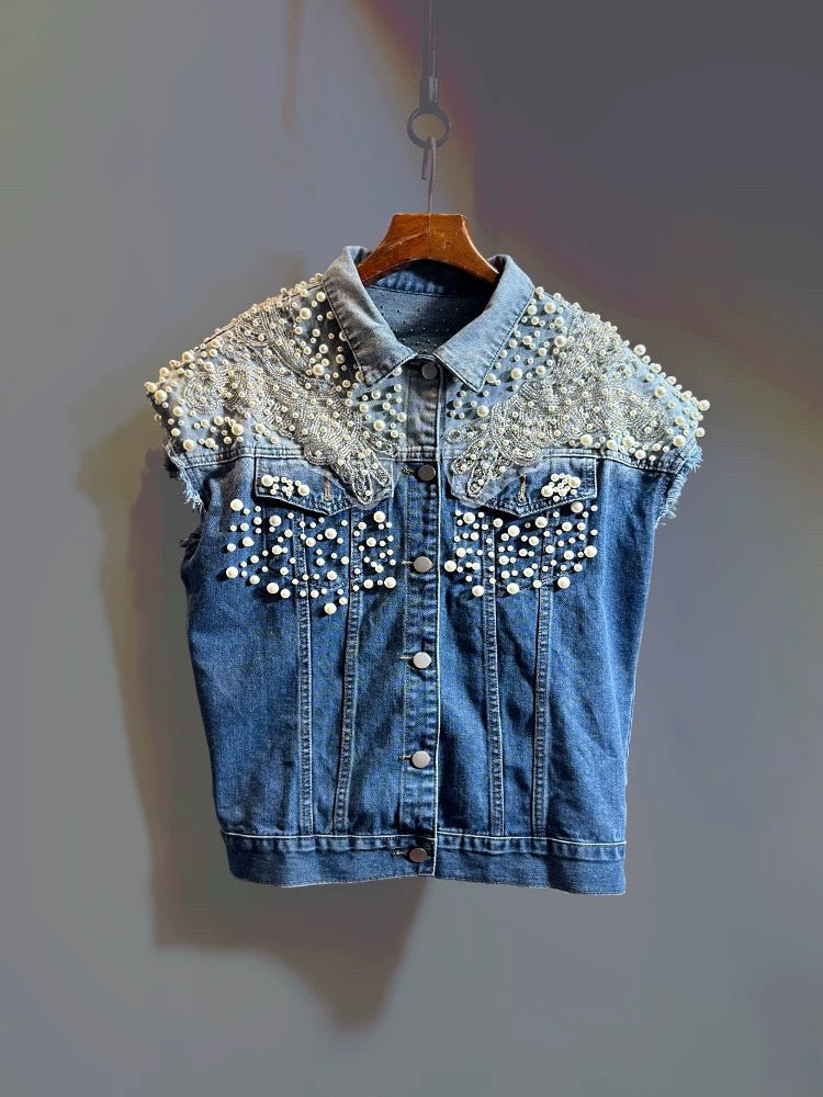 Pearl Cascade Reworked Denim Vest