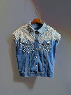 Pearl Cascade Reworked Denim Vest
