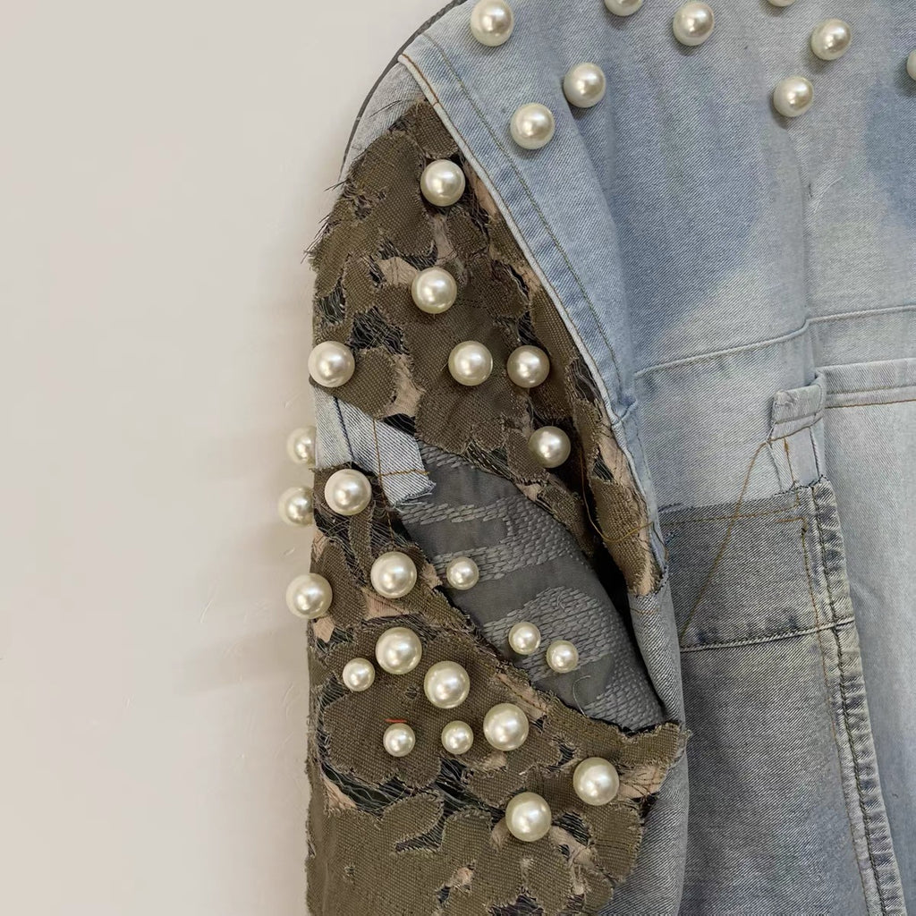 Pearl Patchwork Denim Bomber - One of a Kind
