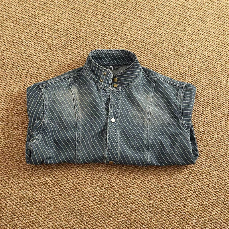 Bennett Pinstripe Stand Collar Denim Jacket
