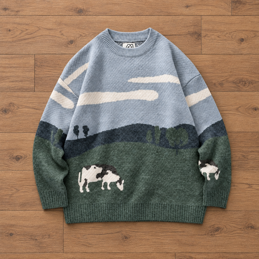 Pasture Cow Graphic Knit Sweater
