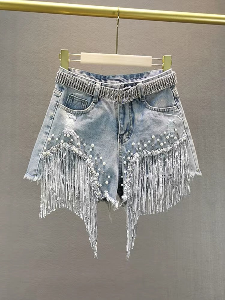 Glimmer Fringe Denim Shorts