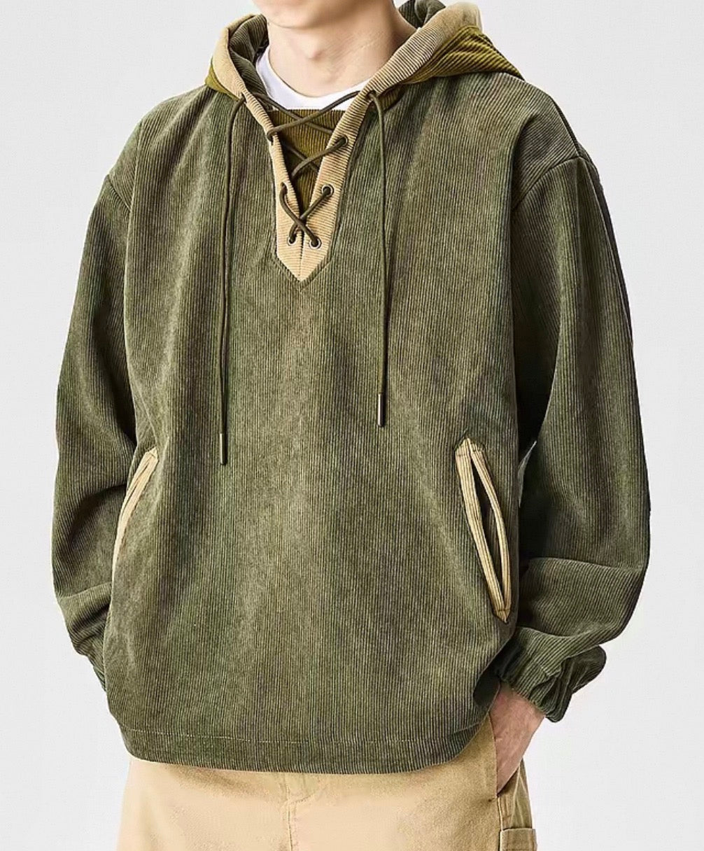 Colorblock Lace-Up Corduroy Hoodie