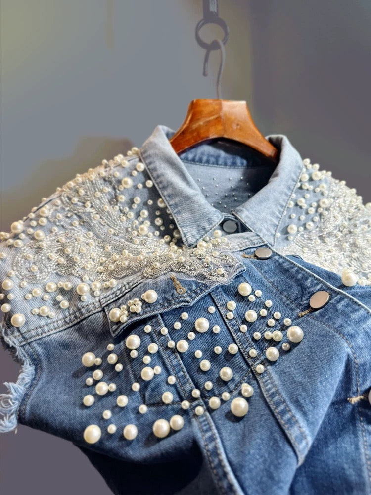 Pearl Cascade Reworked Denim Vest