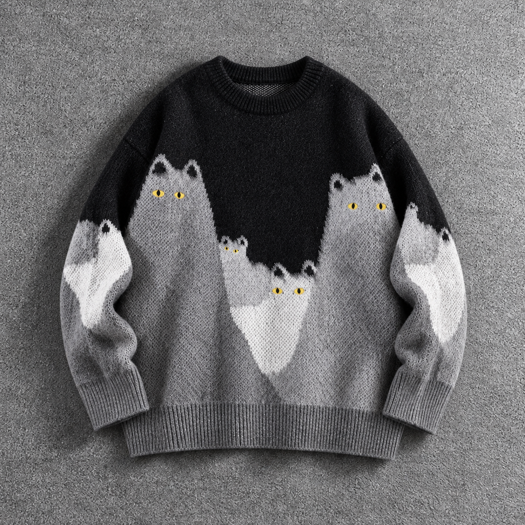 Fuzzy Cat Graphic Knit Sweater