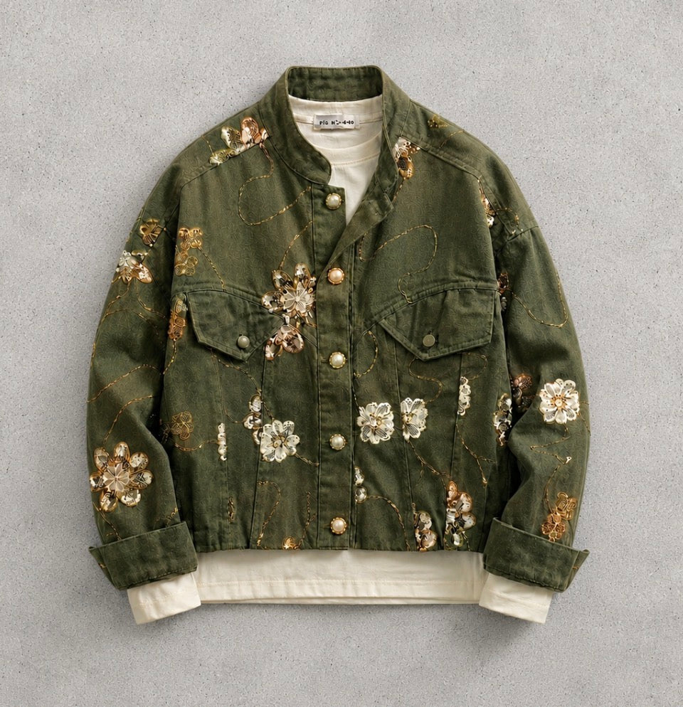 Floral Embroidered Cropped Denim Jacket