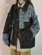 Patchwork Plaid Reworked Denim Jacket