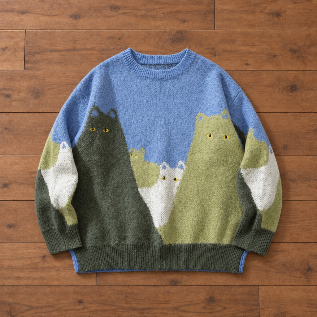 Fuzzy Cat Graphic Knit Sweater