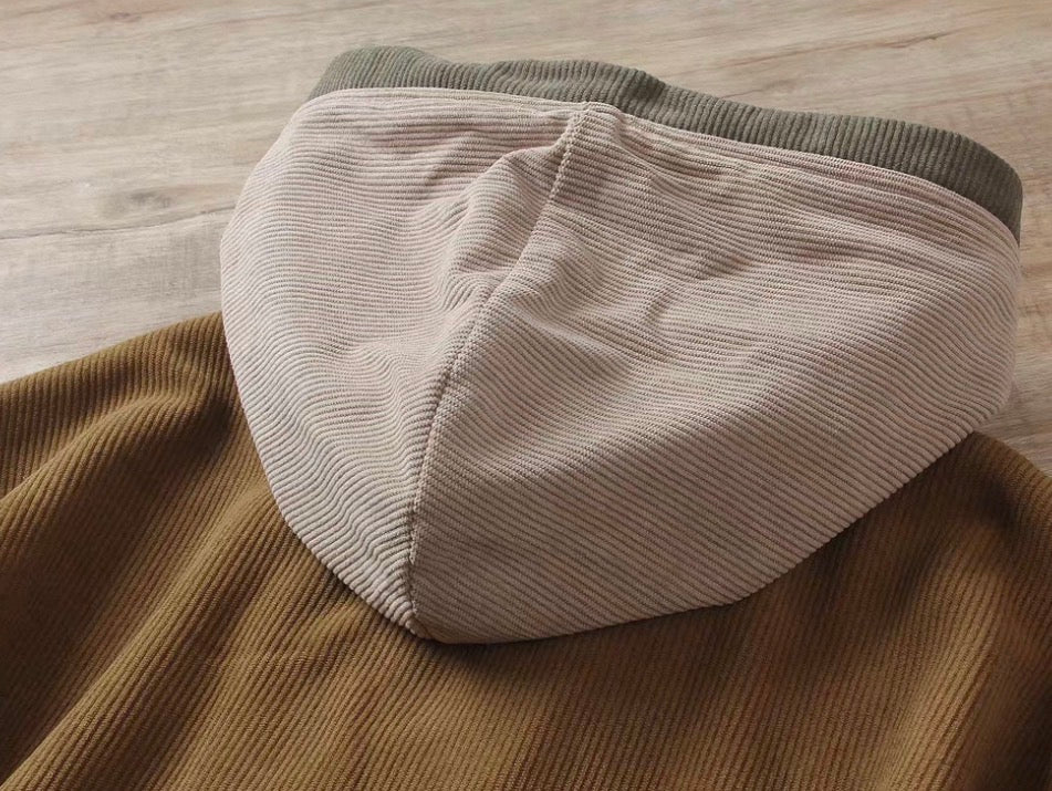 Colorblock Lace-Up Corduroy Hoodie