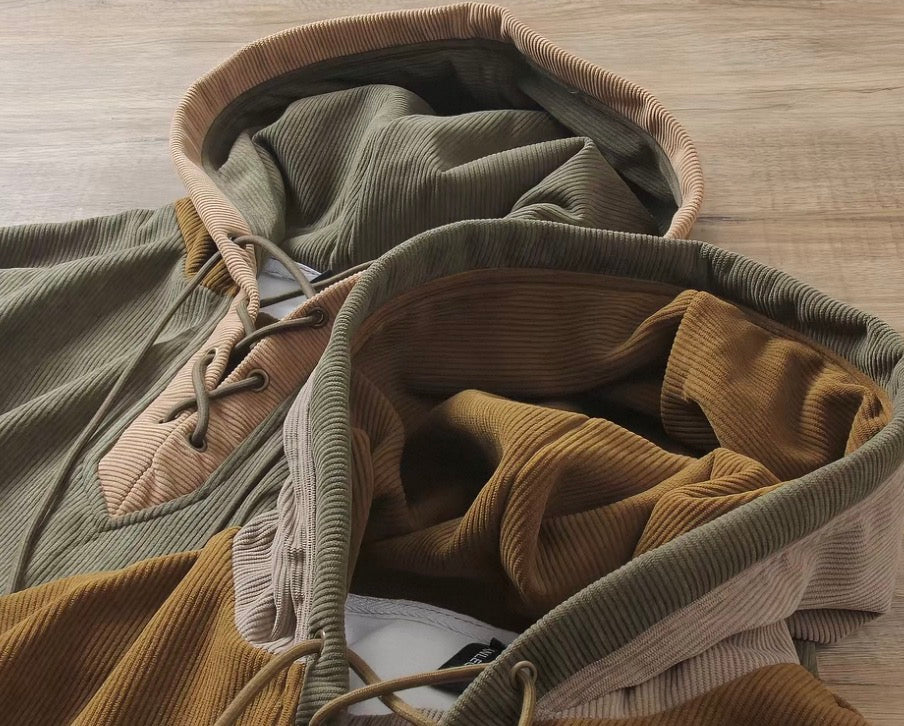 Colorblock Lace-Up Corduroy Hoodie