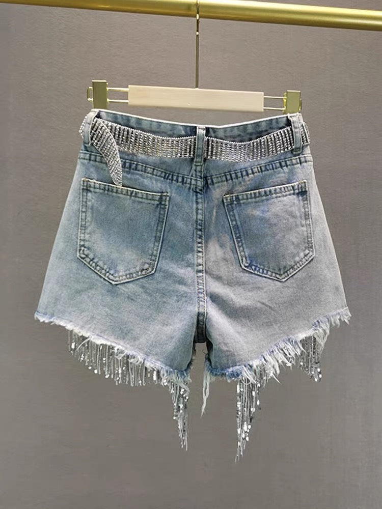 Glimmer Fringe Denim Shorts