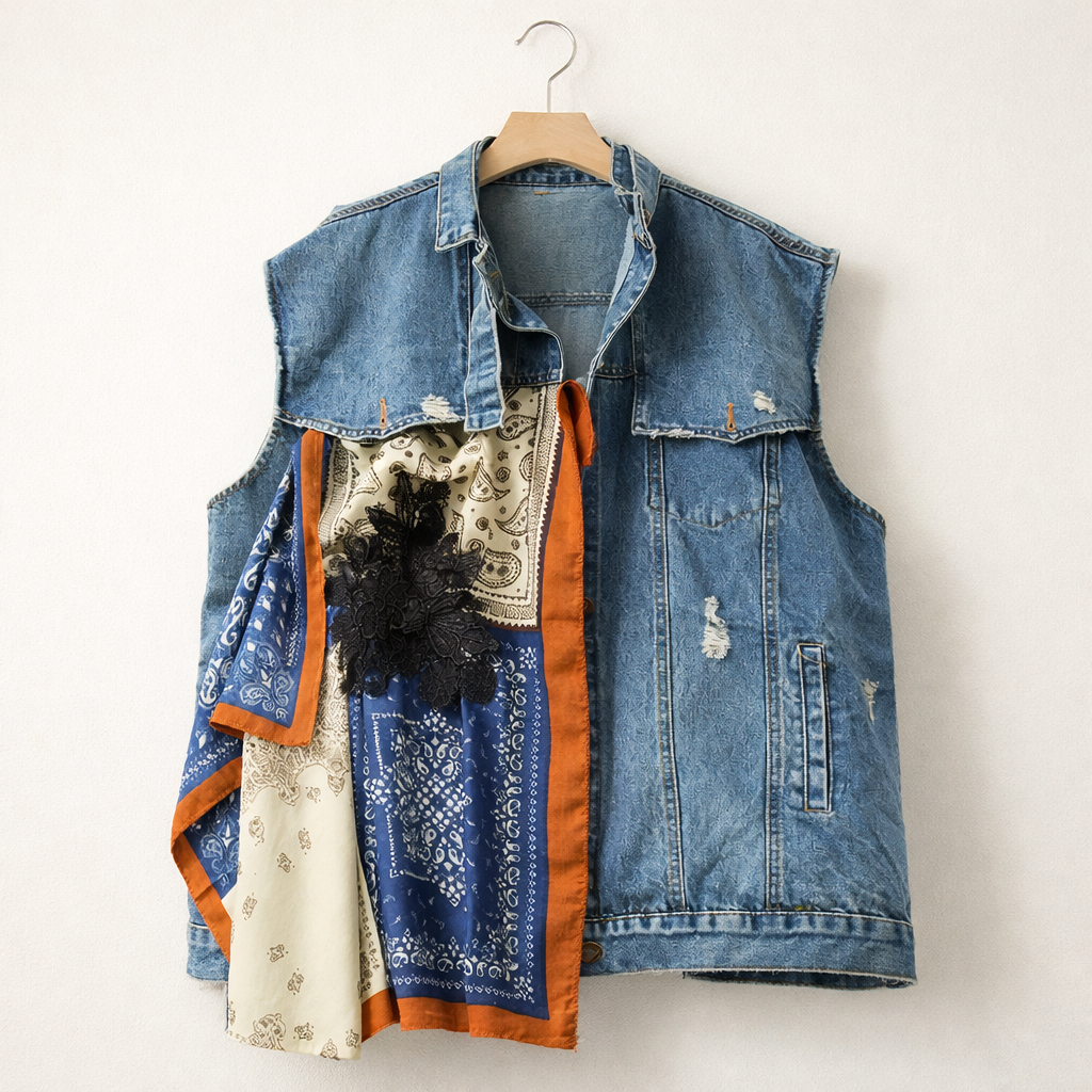 Bandana Reworked Denim Vest