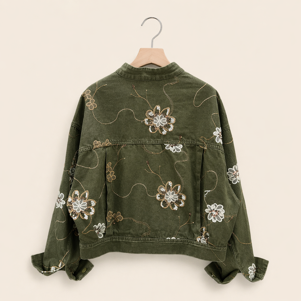 Floral Embroidered Cropped Denim Jacket