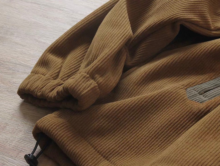 Colorblock Lace-Up Corduroy Hoodie