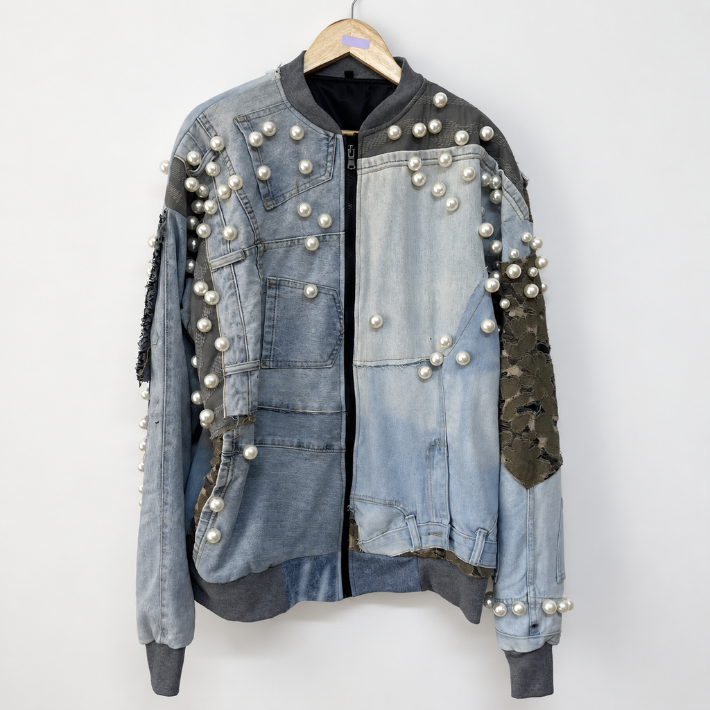 Pearl Patchwork Denim Bomber - One of a Kind