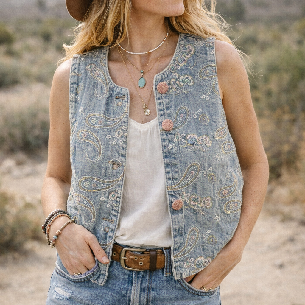 Paisley Embroidered Denim Vest