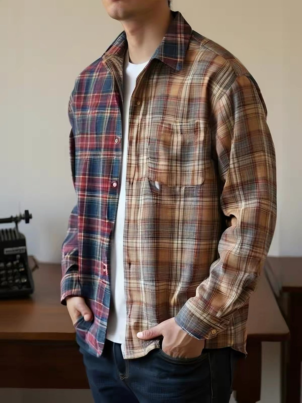 Patchwork Plaid Workwear Shirt Jacket
