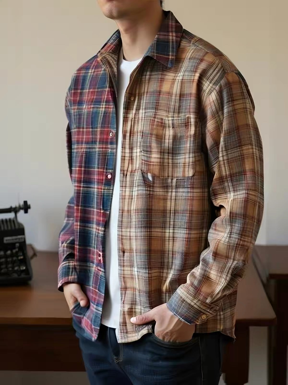 Patchwork Plaid Workwear Shirt Jacket
