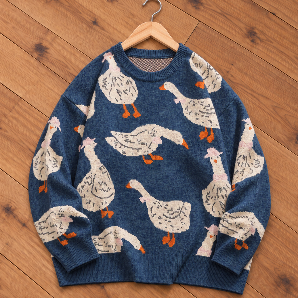 A navy blue knit sweater with a repeating pattern of white geese with orange beaks and feet, hanging on a wooden hanger over a wooden plank floor.