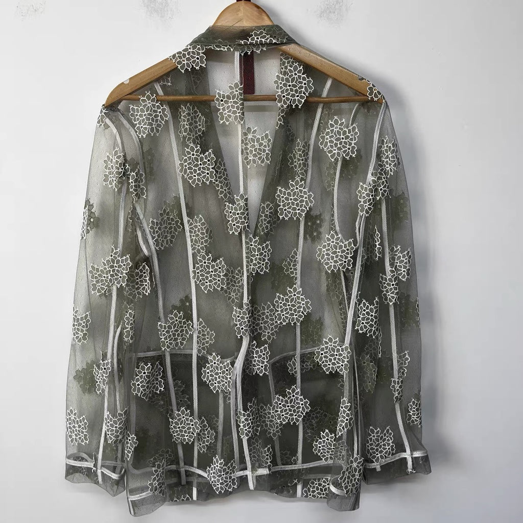 Olive Sheer Embroidered Blazer