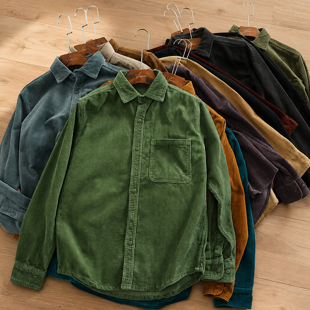 A group of long-sleeve button-up shirts in various colors and fabrics, including green corduroy, blue denim, black velvet, and tan corduroy, hanging on wooden hangers on a light wood floor.