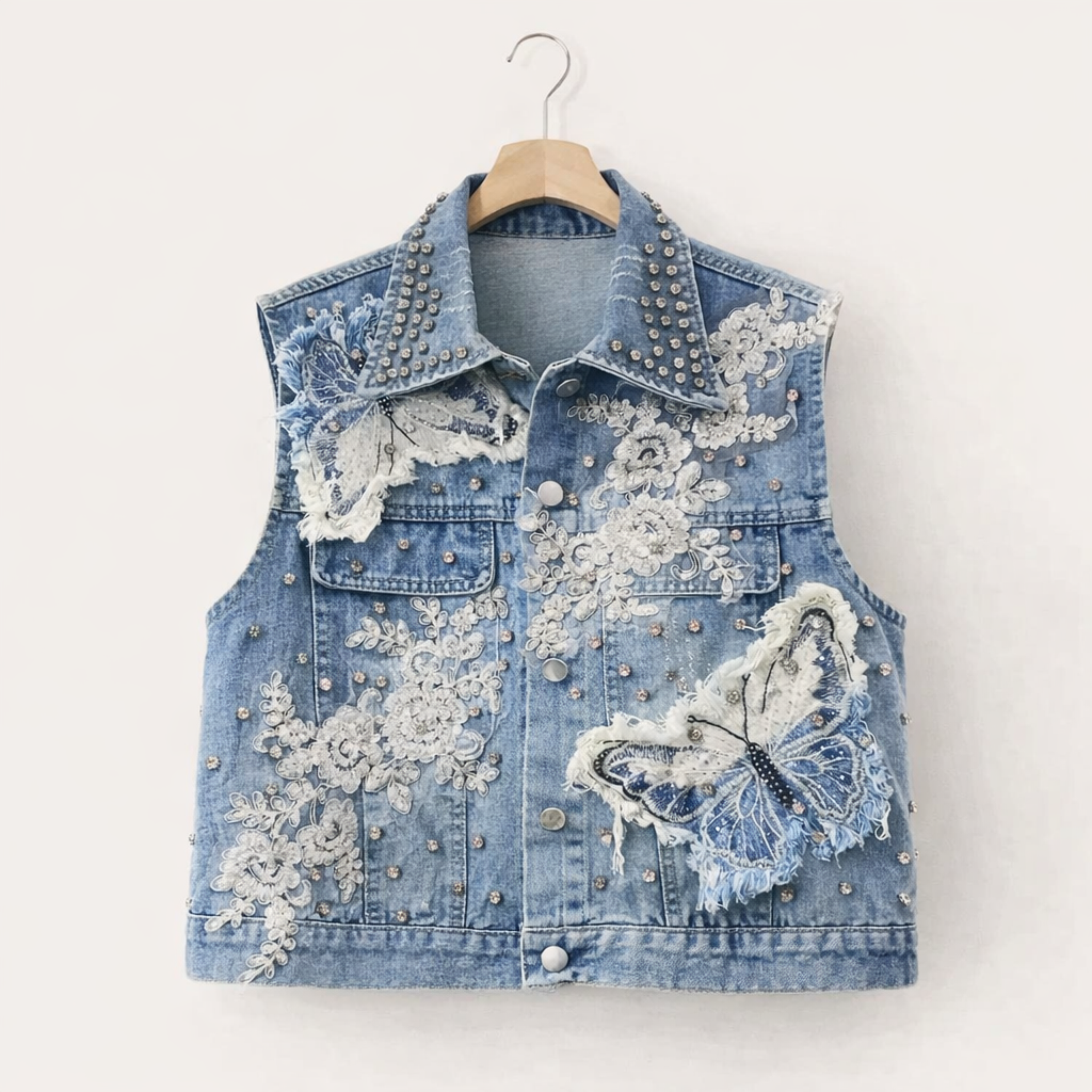 Blue Butterfly Reworked Denim Vest (E)