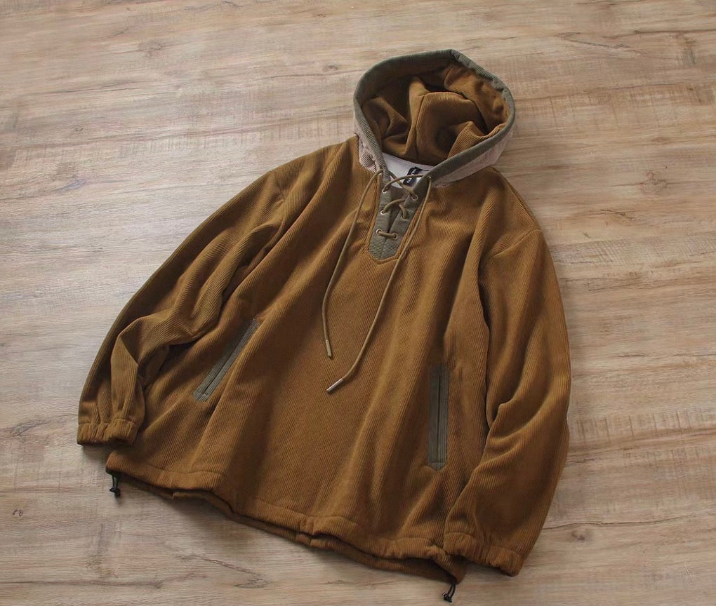 Colorblock Lace-Up Corduroy Hoodie