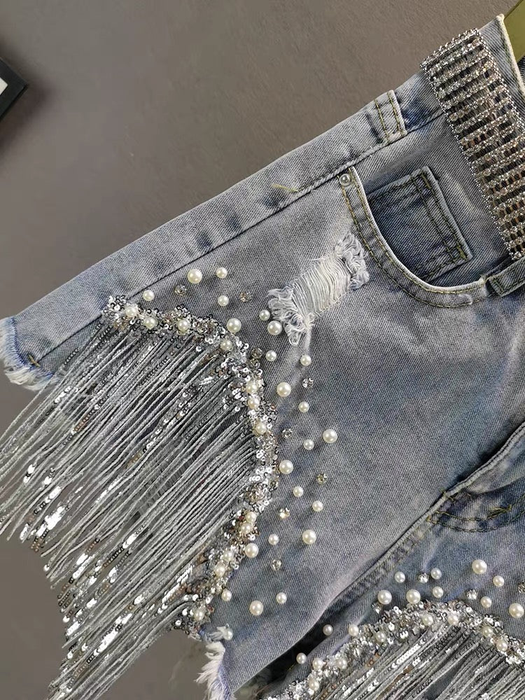 Glimmer Fringe Denim Shorts