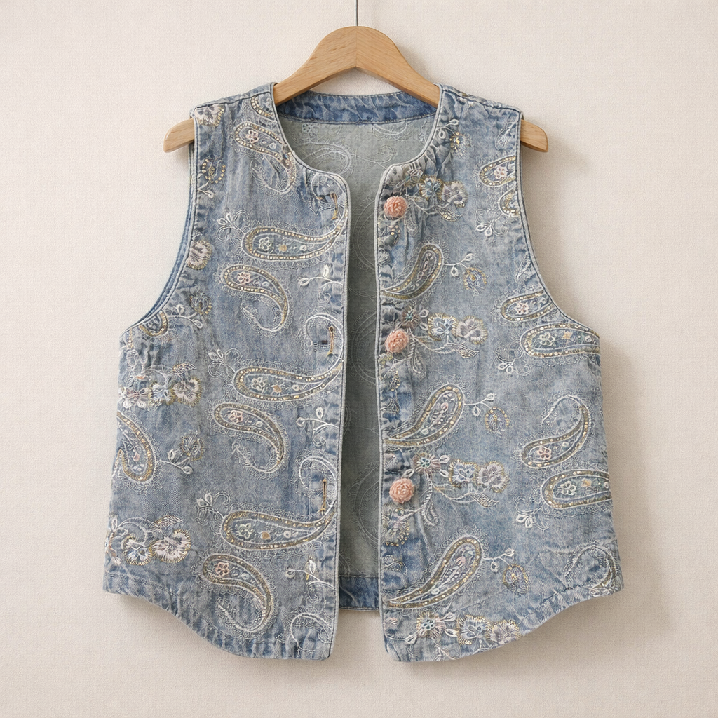 Denim vest with paisley patterns on a wooden hanger against a beige background