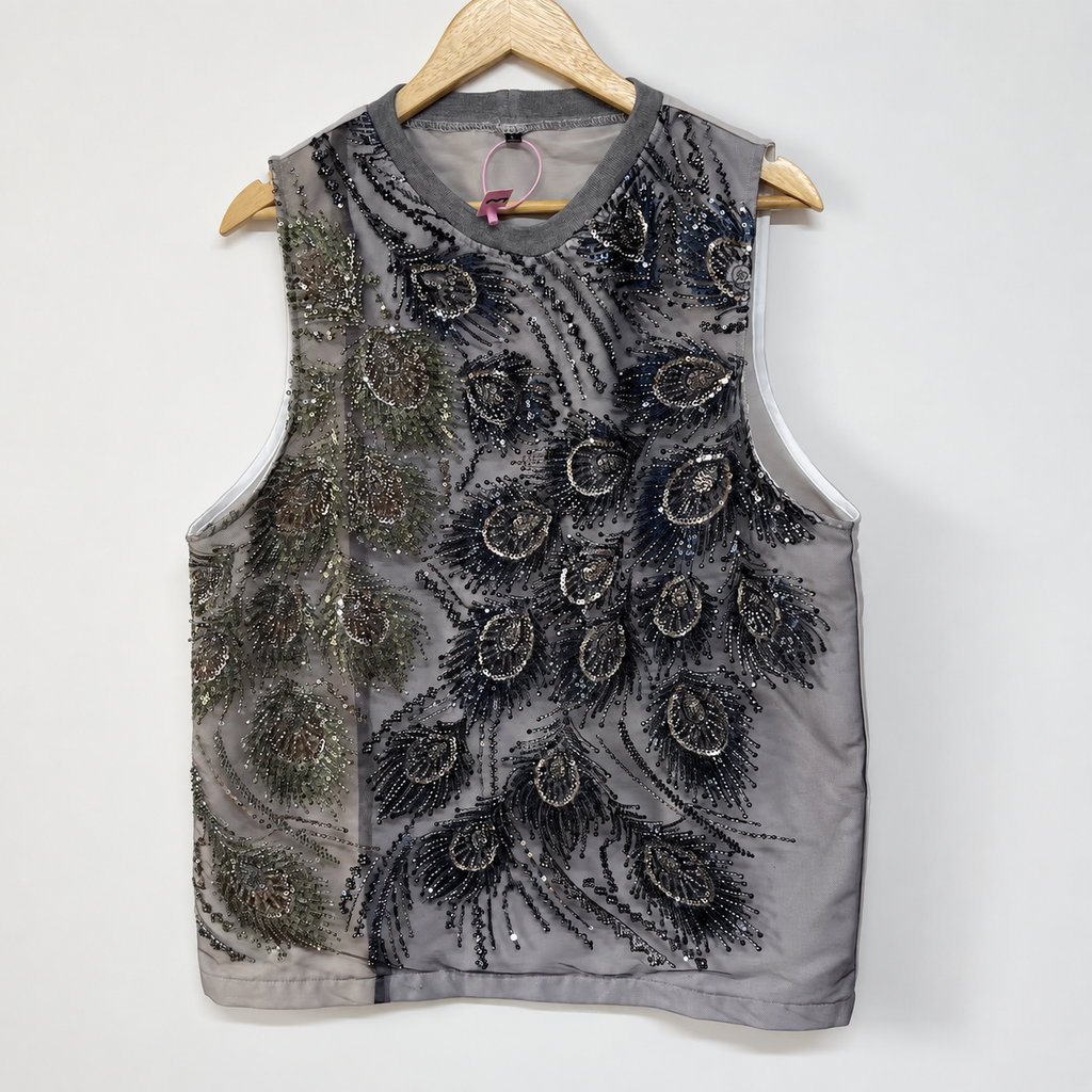 Silver Peacock Sequin Tank Top