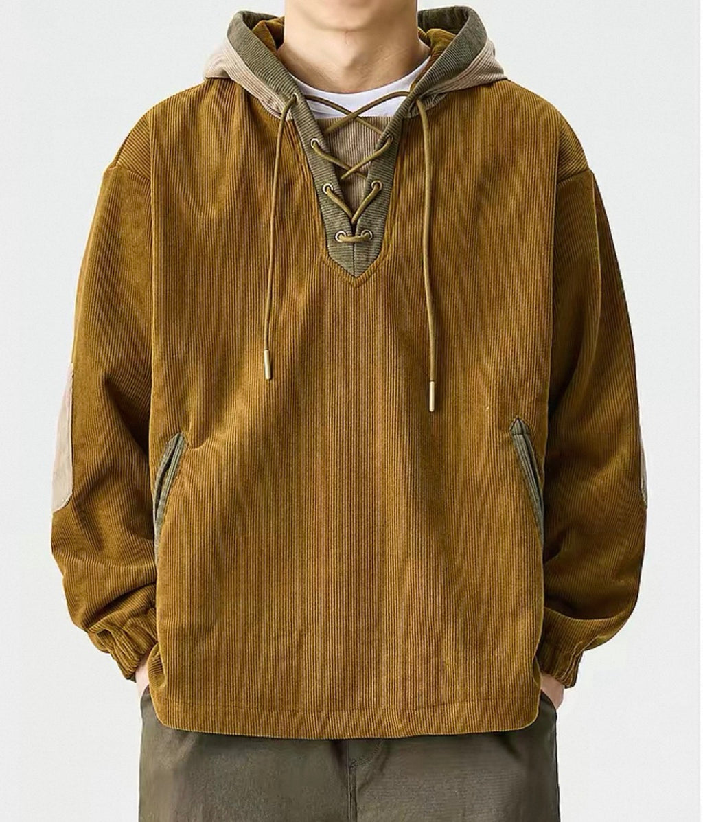 Colorblock Lace-Up Corduroy Hoodie