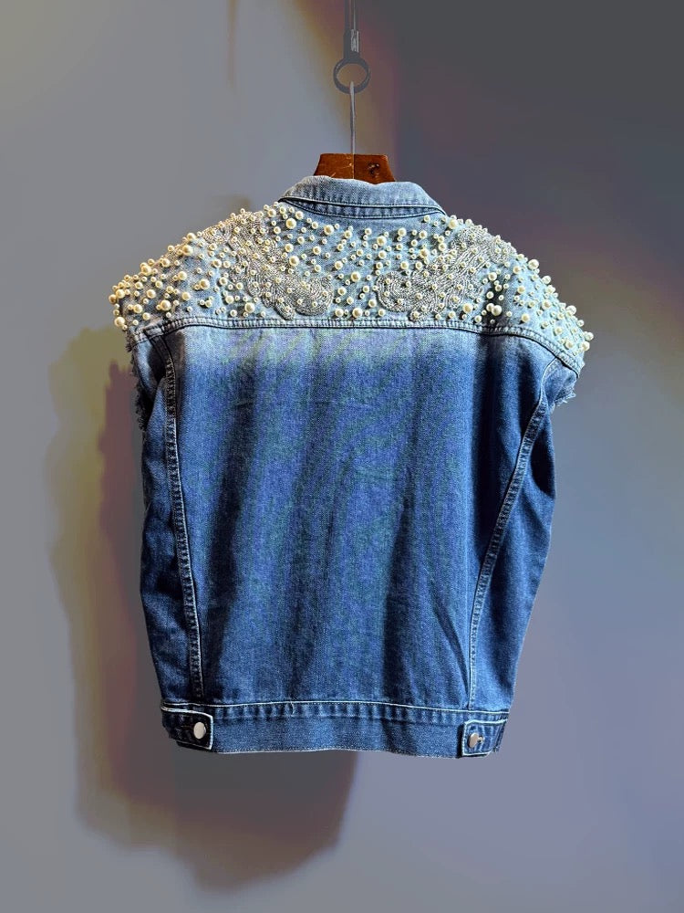 Pearl Cascade Reworked Denim Vest