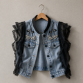Lace Ruffle Reworked Denim Vest