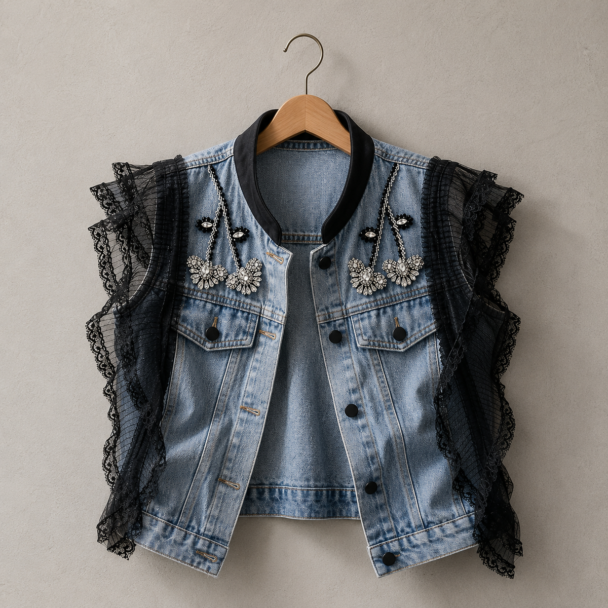 Lace Ruffle Reworked Denim Vest