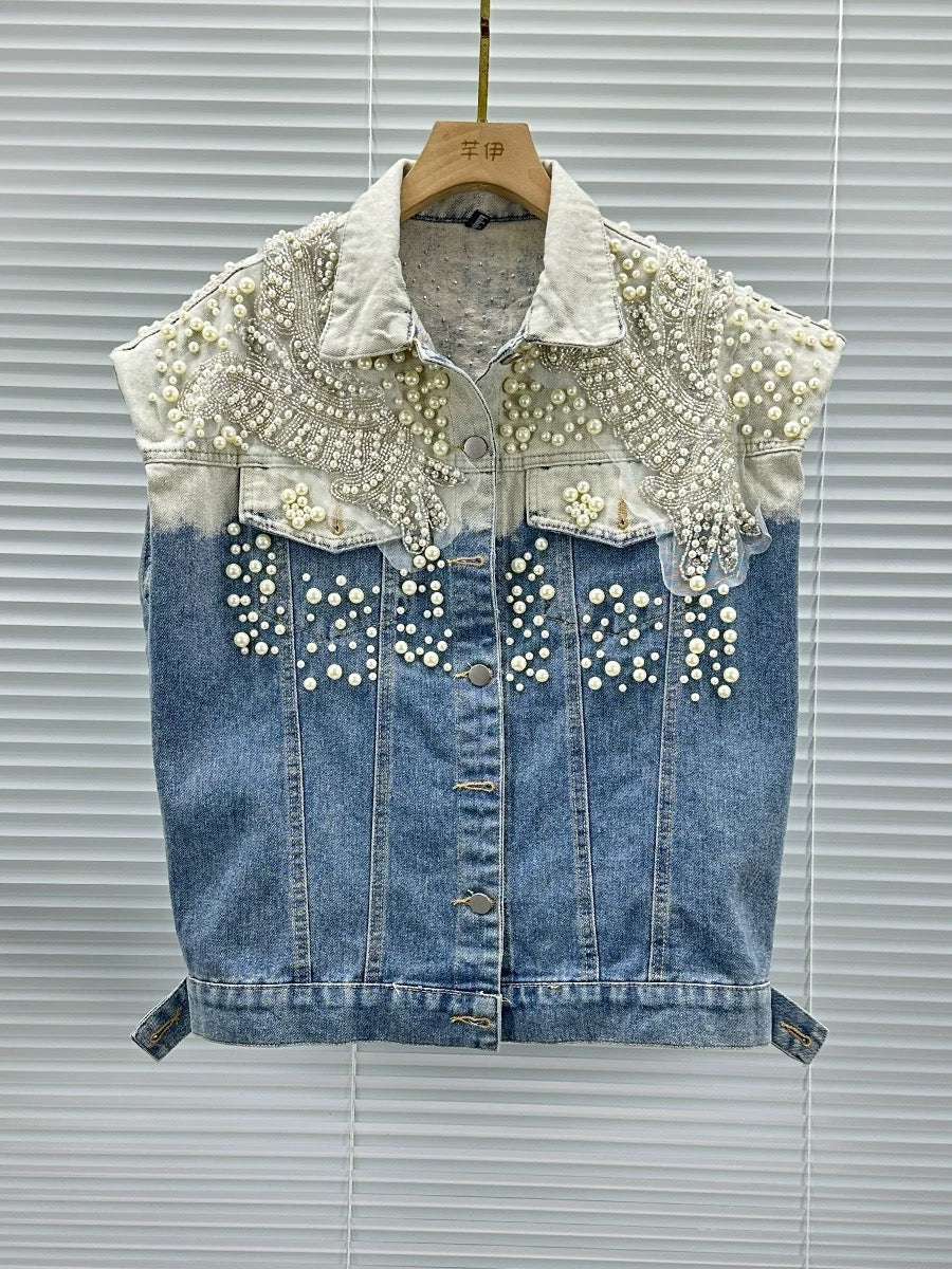 Reworked Pearl Beaded Denim Vest