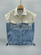 Reworked Pearl Beaded Denim Vest