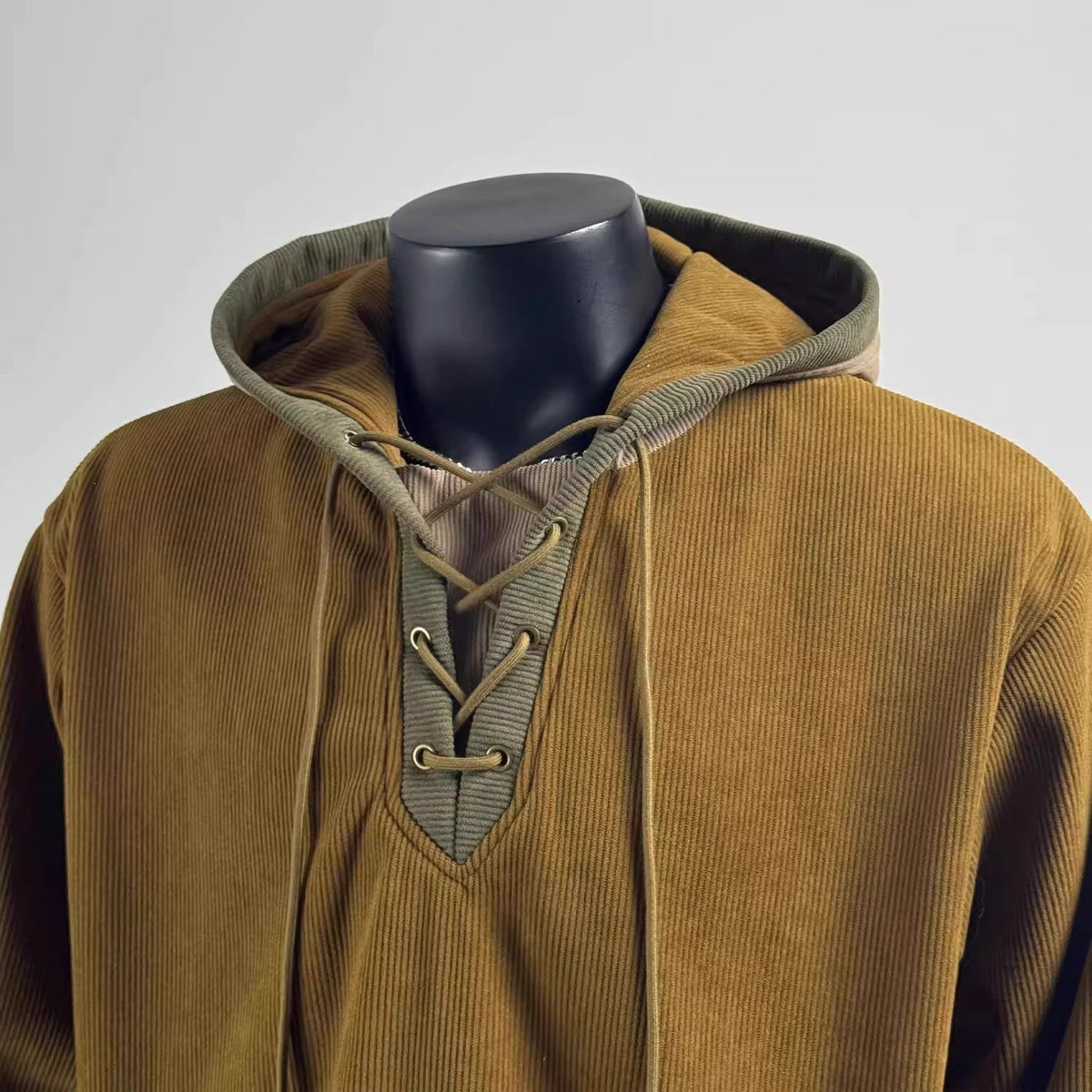 Colorblock Lace-Up Corduroy Hoodie
