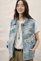 Blue Butterfly Reworked Denim Vest (E)