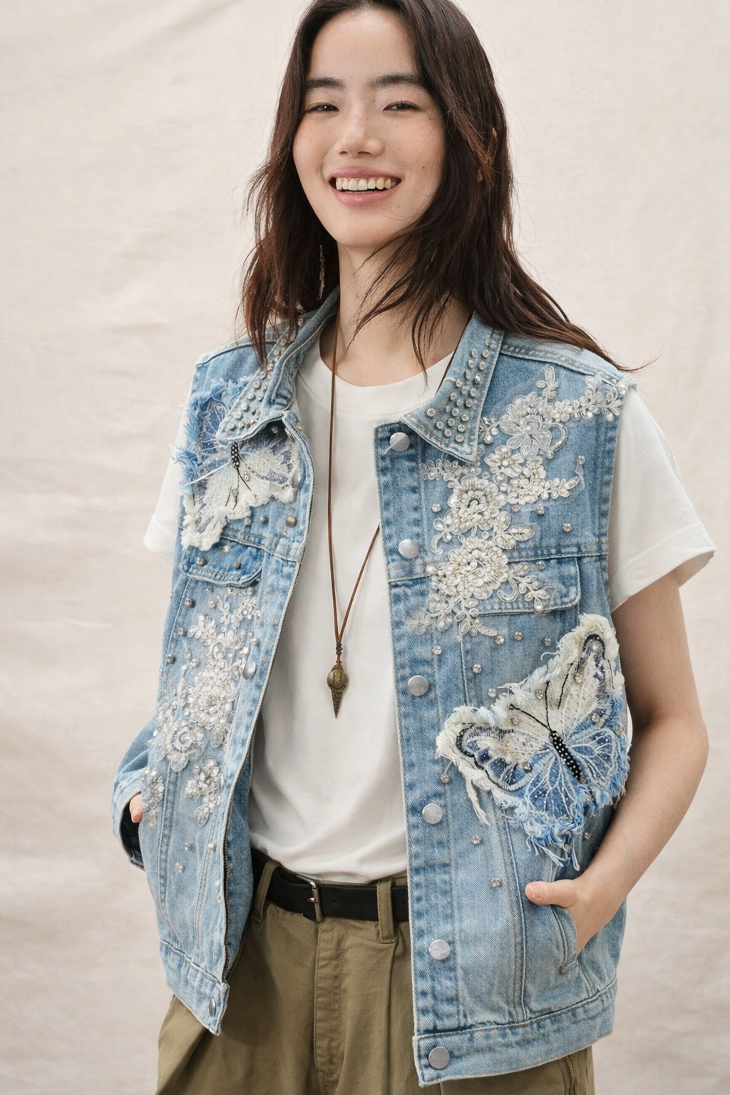 Blue Butterfly Reworked Denim Vest (E)