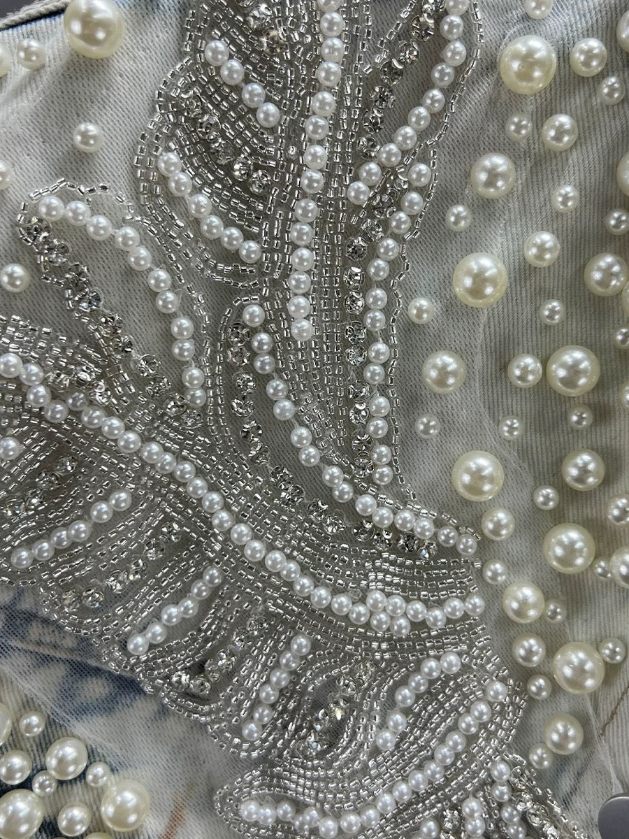 Reworked Pearl Beaded Denim Vest