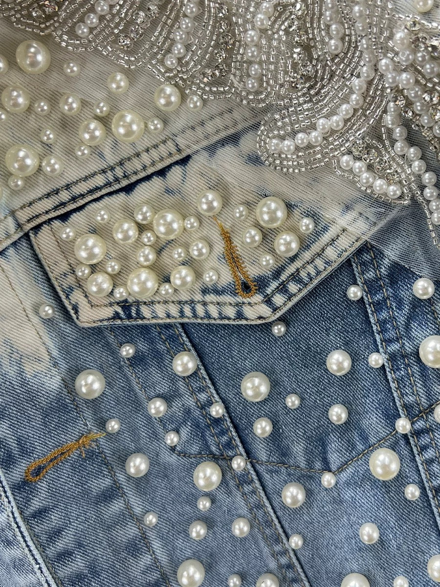 Reworked Pearl Beaded Denim Vest
