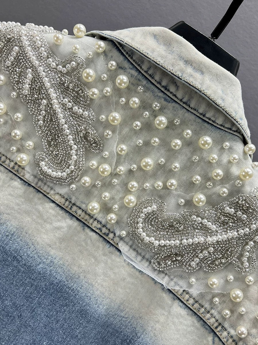 Reworked Pearl Beaded Denim Vest