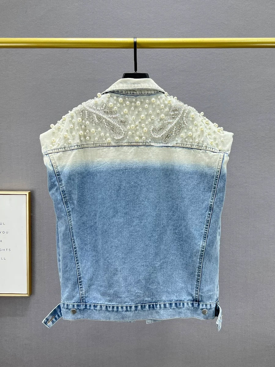 Reworked Pearl Beaded Denim Vest