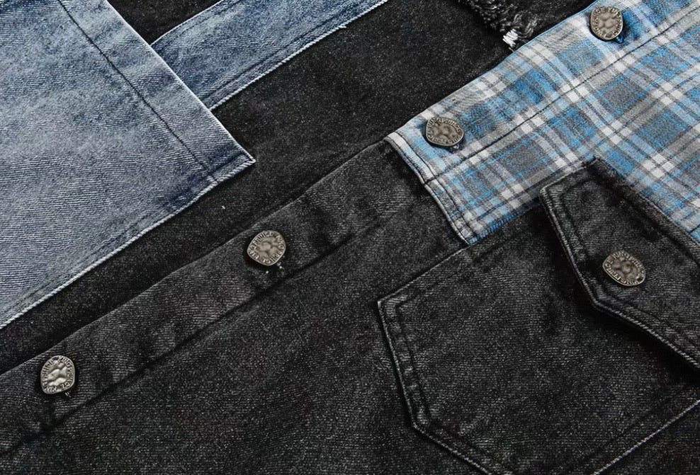 Patchwork Plaid Reworked Denim Jacket