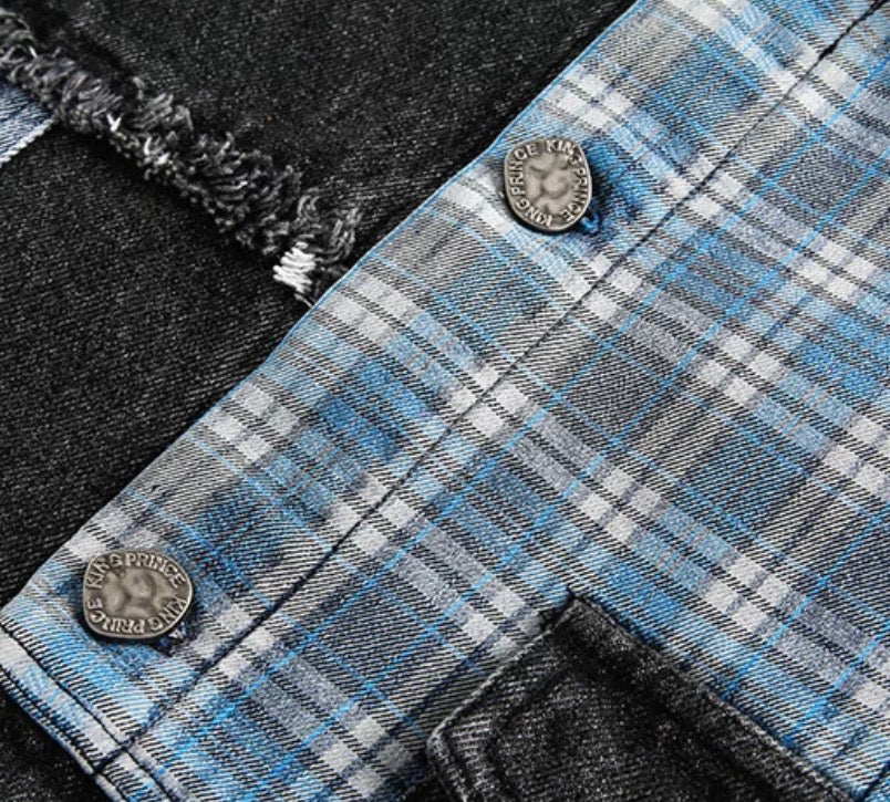 Patchwork Plaid Reworked Denim Jacket