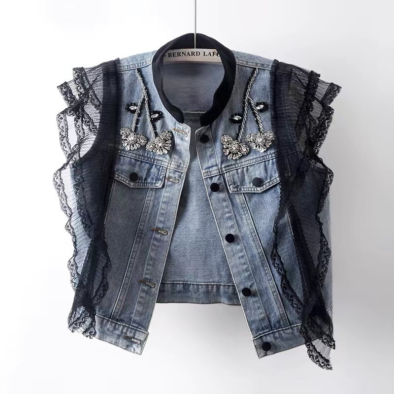 Lace Ruffle Denim Vest