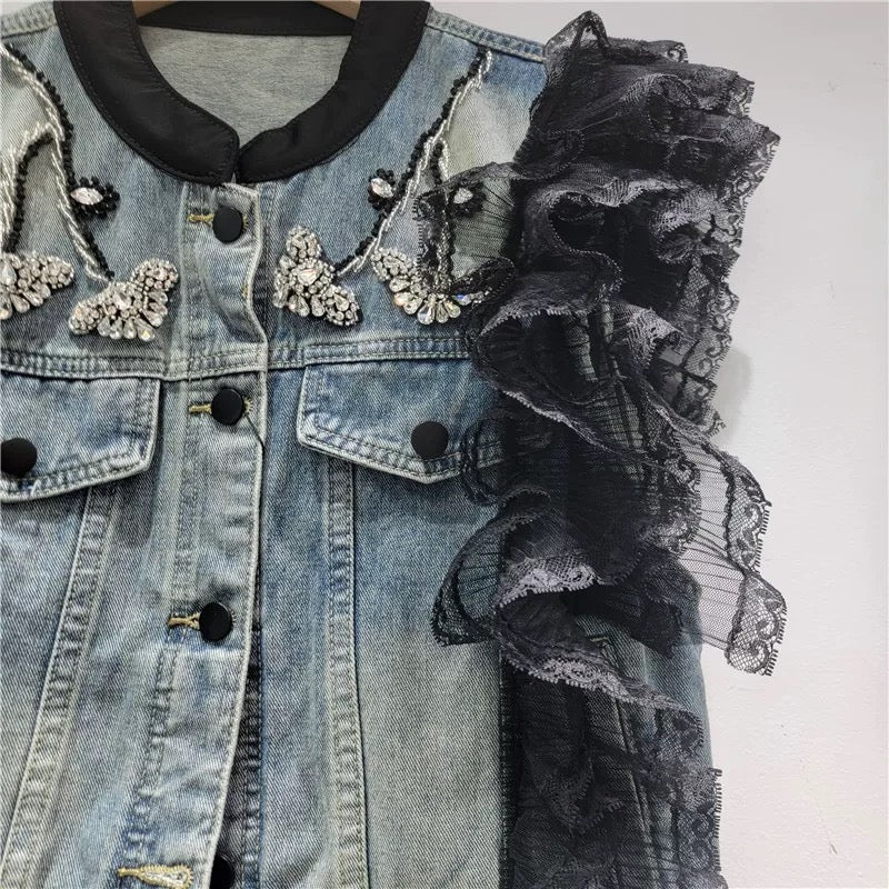 Lace Ruffle Denim Vest
