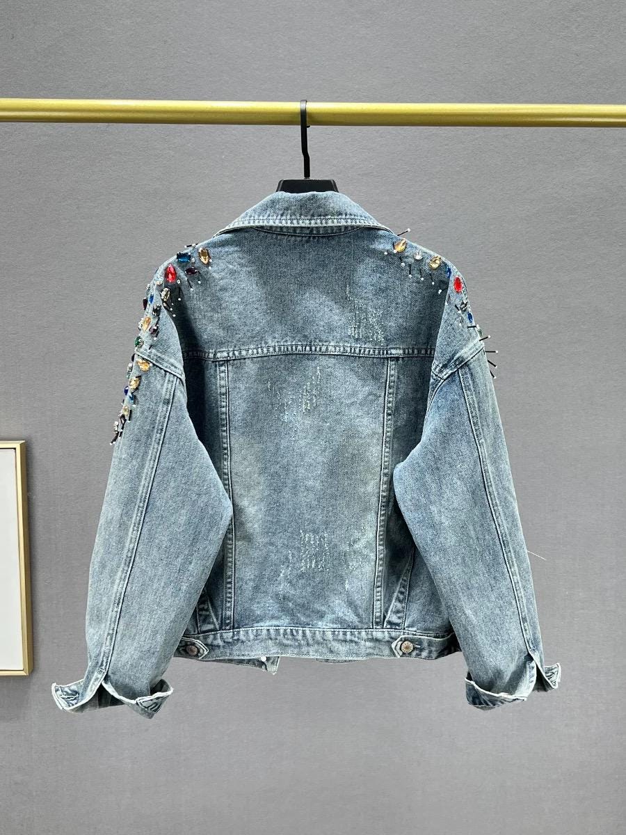 Embellished Denim Jacket with Acrylic Gem Shoulders, Reworked Statement Jean Jacket, Artisan Distressed Denim Outerwear